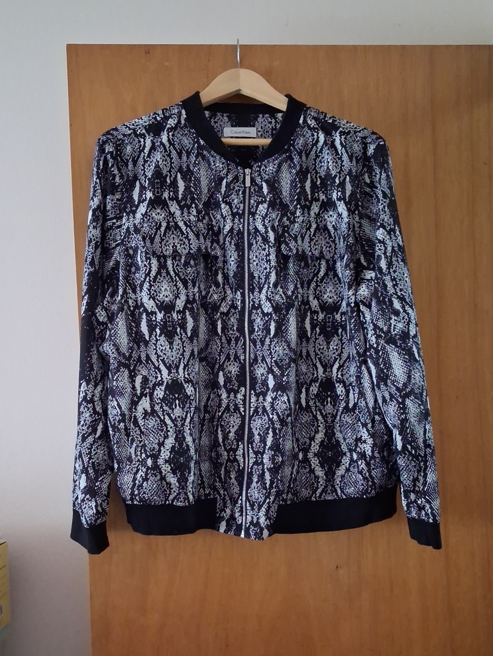 Calvin Klein Black and White Snake-Print Bomber Jacket